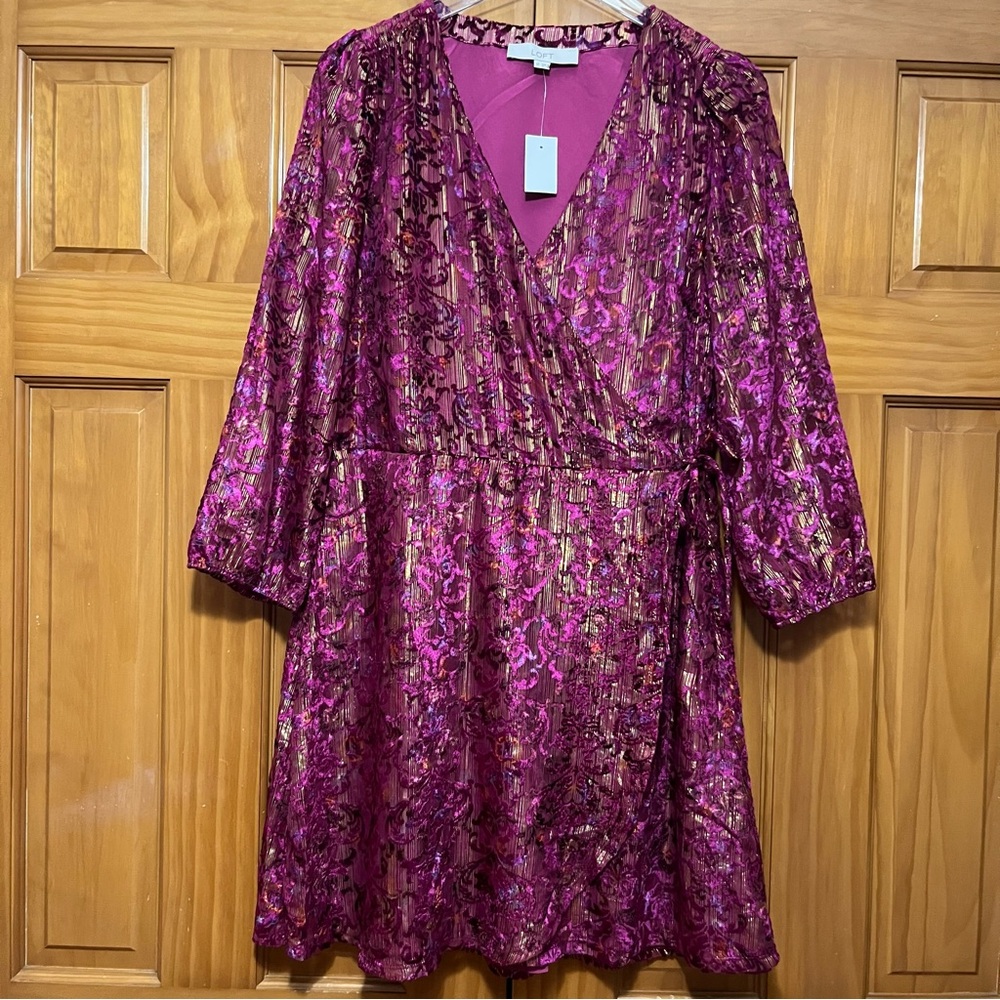 LOFT Pink and Purple Long Sleeve Metallic Wrap Dress
